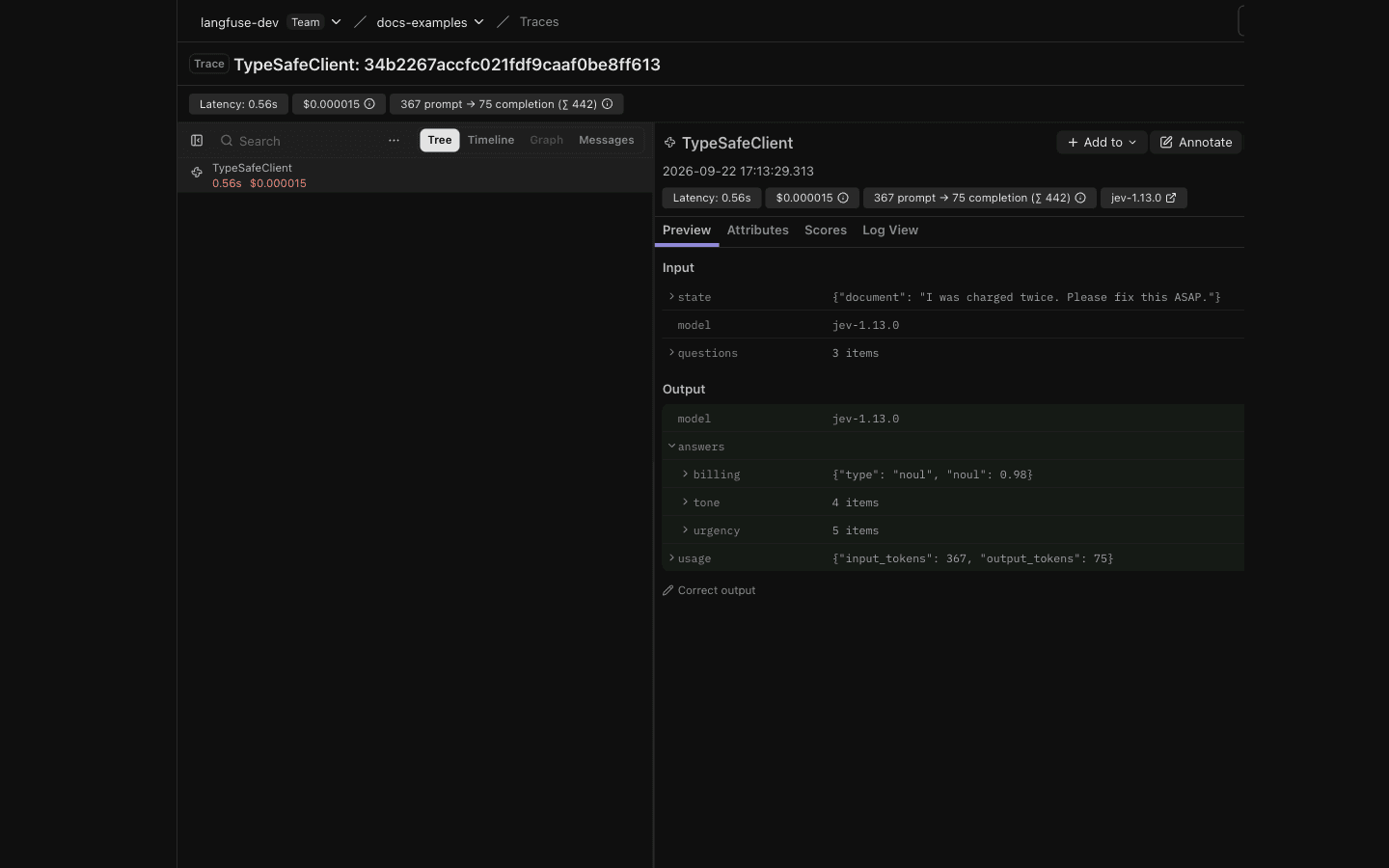 TypeSafe Jev System One trace in Langfuse